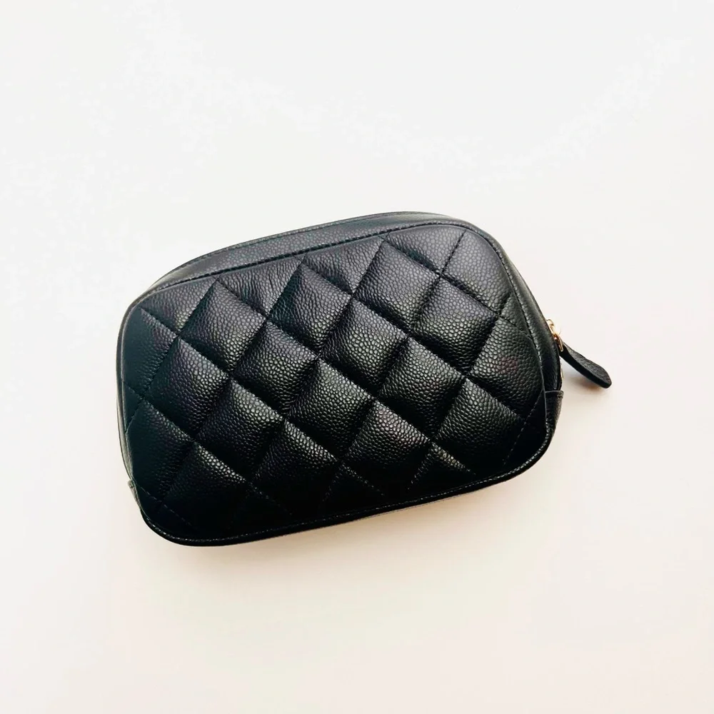 CHANEL Black Quilted Leather Cosmetic Pouch with Gold CC Logo